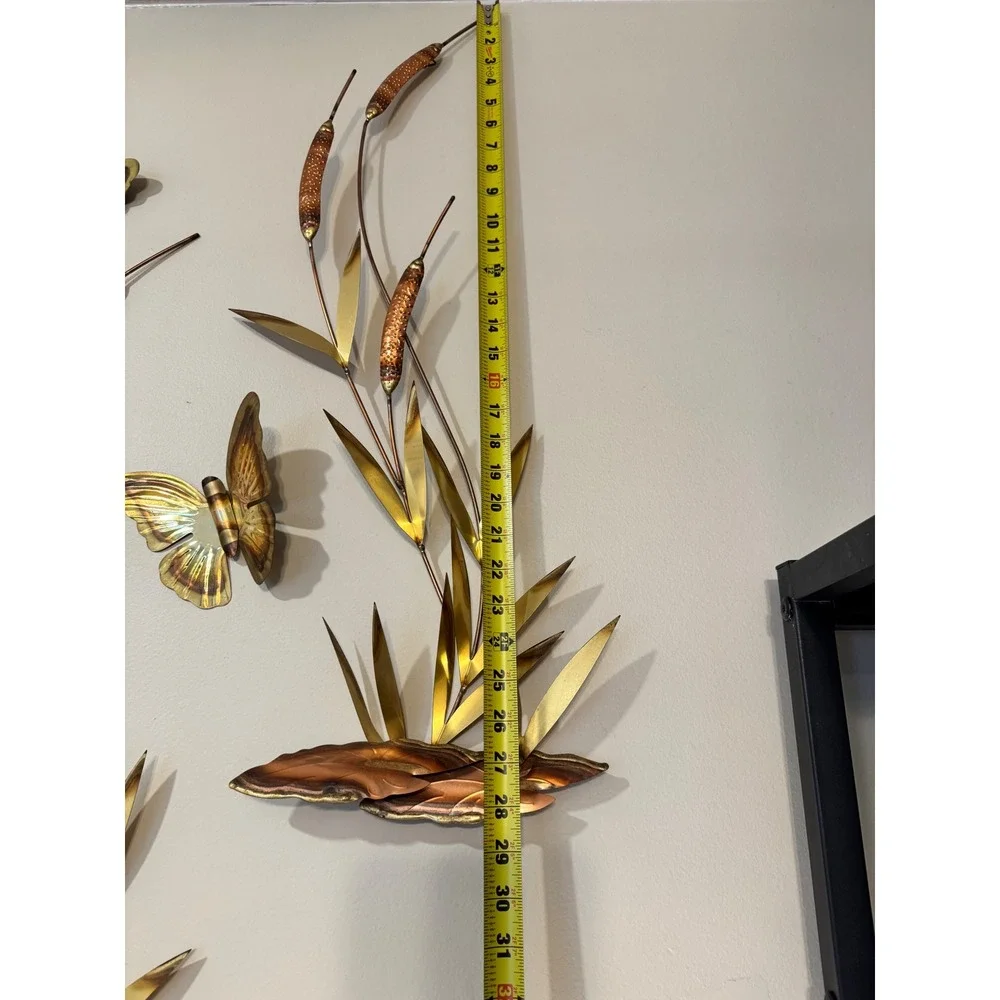 Vintage Mid-Century Modern Metal Wall Art Copper Brass Cattails Butterflies 4pc - Picture 5 of 6